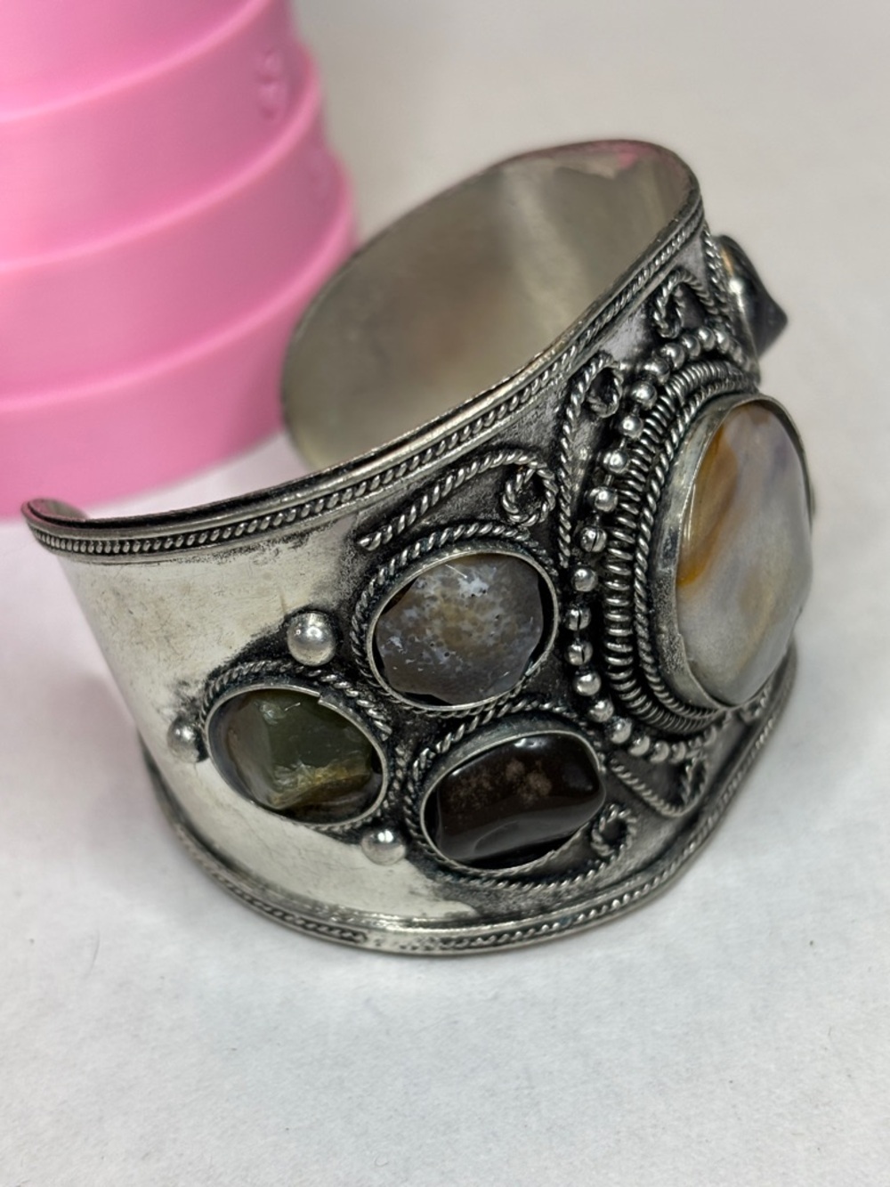 Wide Silver Cuff Bracelet with Polished Stone Cabochons - Picture 8 of 9